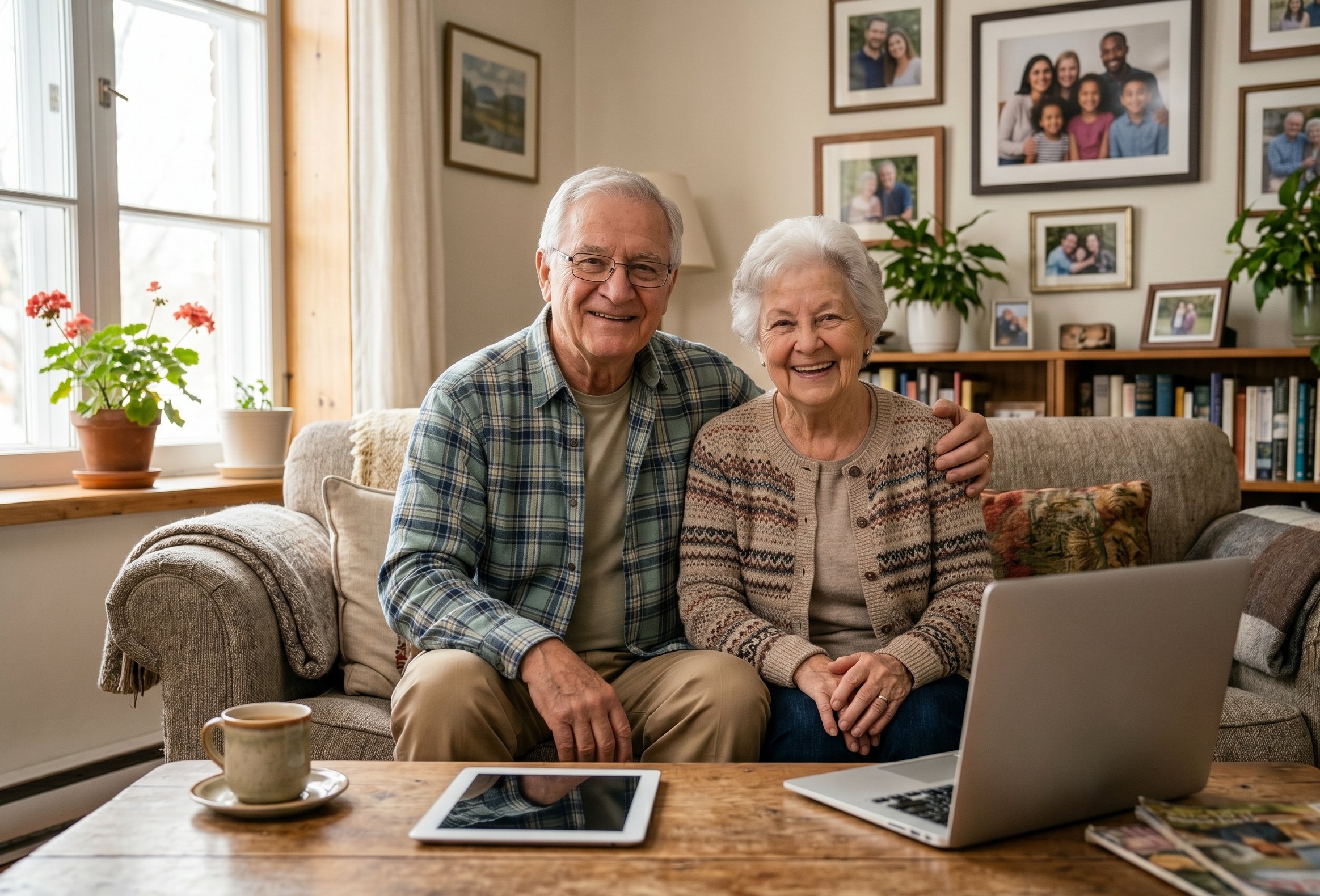 Couple de retraités heureux avec leur tablette et ordinateur portable