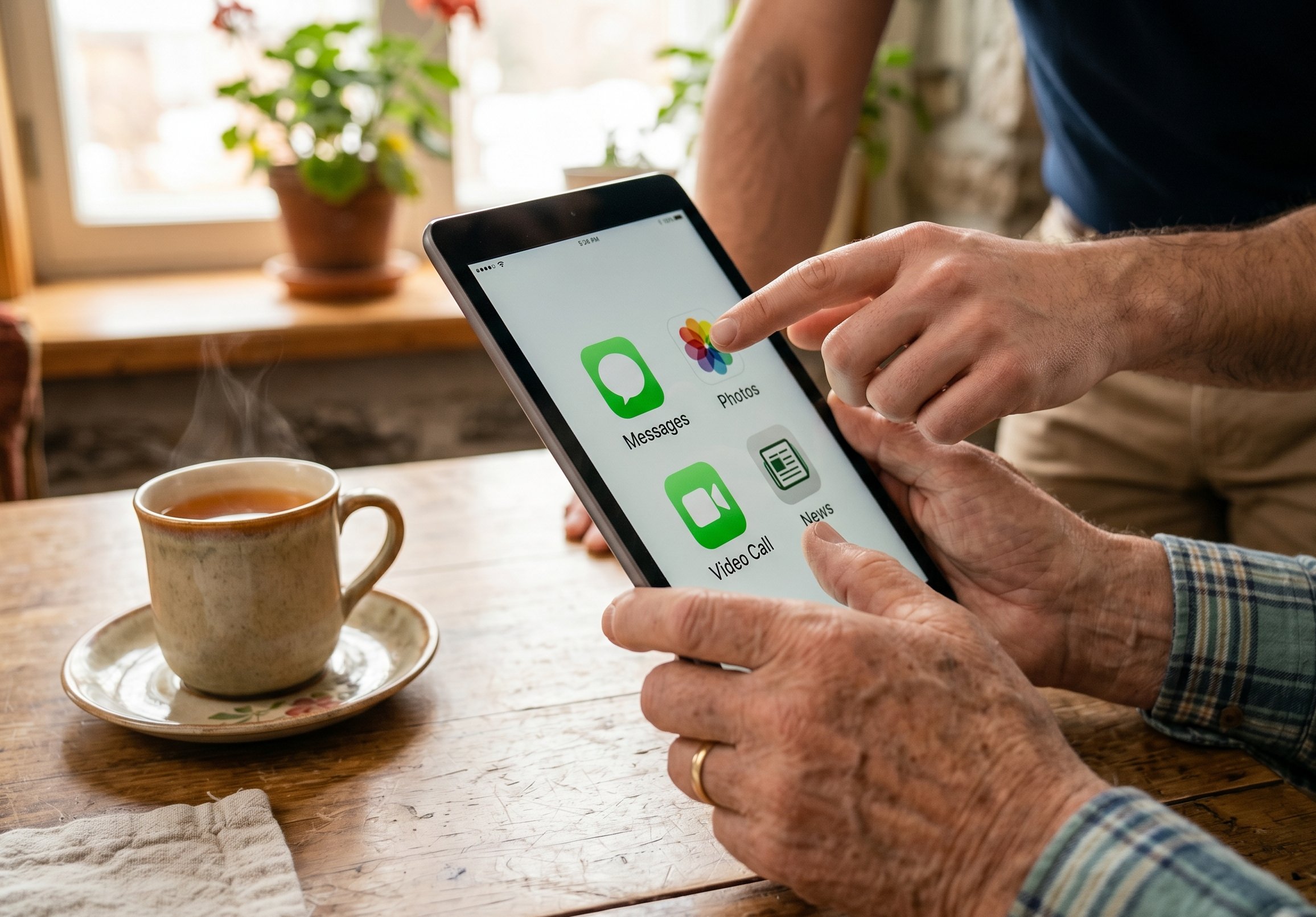 Mains d'un aîné apprenant à utiliser une tablette avec l'aide d'un technicien BRAVUM TECH