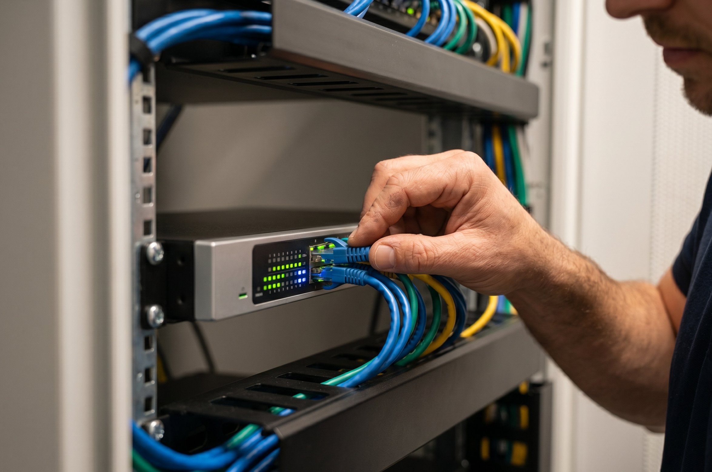 Technicien BRAVUM TECH connectant des câbles réseau dans un commutateur réseau professionnel